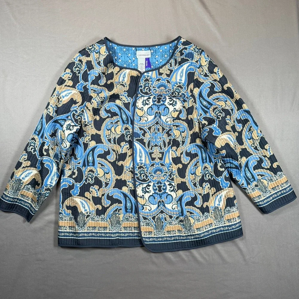 Catherines Petite Paisley Quilted Open Front Jacket Blue Tan 0XWP‎ 14/16WP